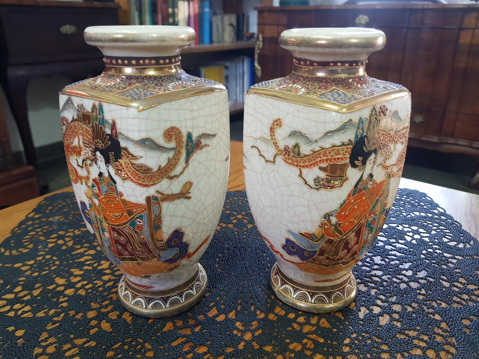 Antique pair of Mejiji Japanese Satsuma Vases ~ Circa 1603-1868