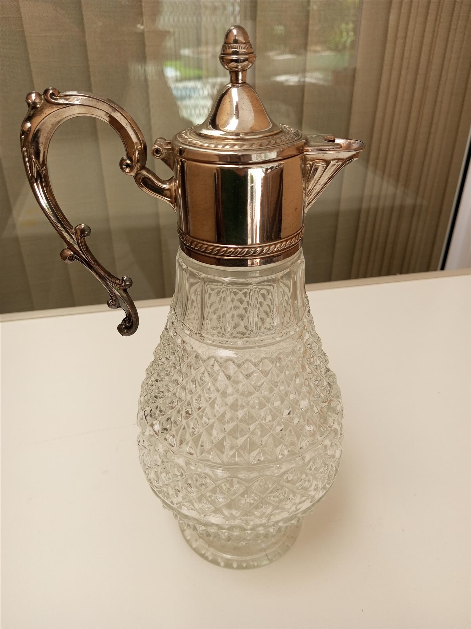 Diamond Point Crystal Water Pitcher Silver Plated Hinged Lid 12 “ Tall Diamond Point Crystal Water Pitcher Silver Plated Hinged Lid 12 “ Tall