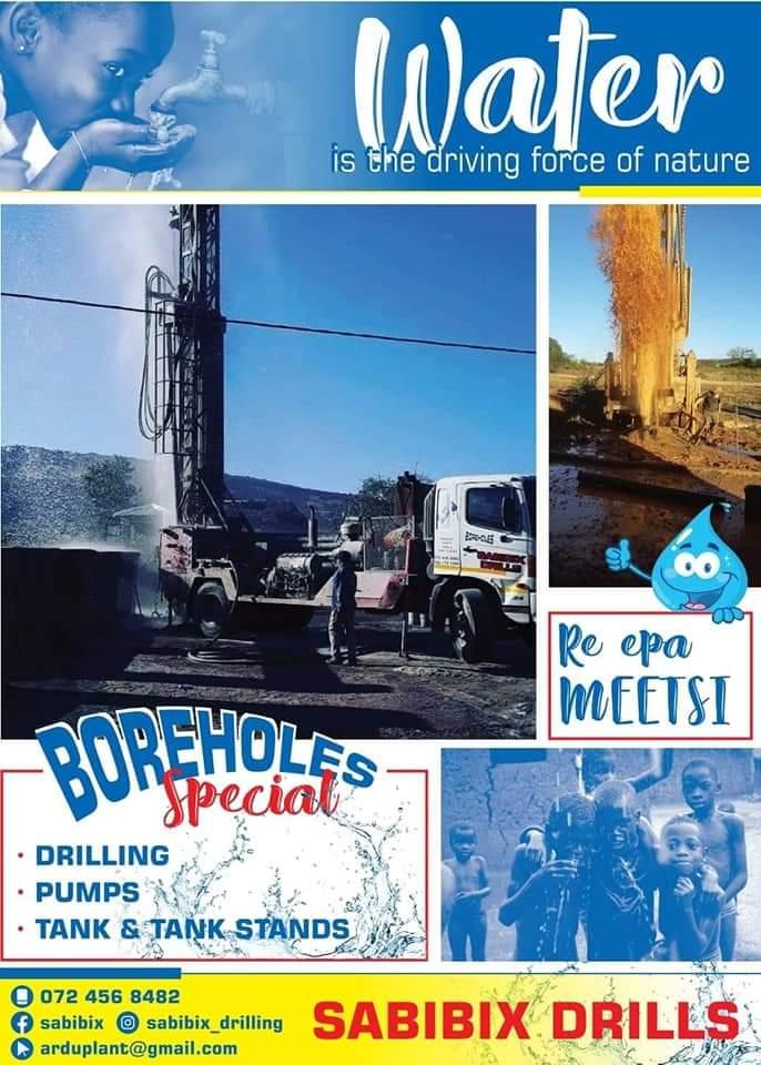 Drilling and cleaning of boreholes, pumps, tanks and tank stands