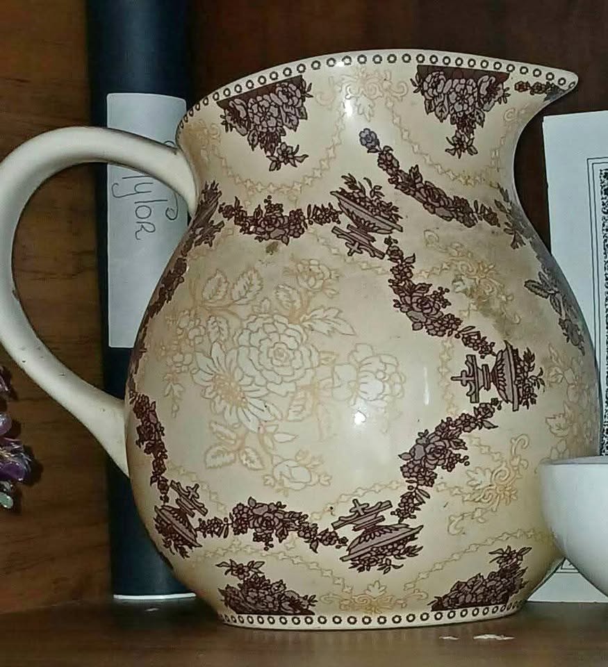 Vintage Brown & White Transferware Creamer Pitcher Swans Waterfall Roses Tonquin Jar Vintage Brown & White Transferware Creamer Pitcher Swans Waterfall Roses Tonquin Jar