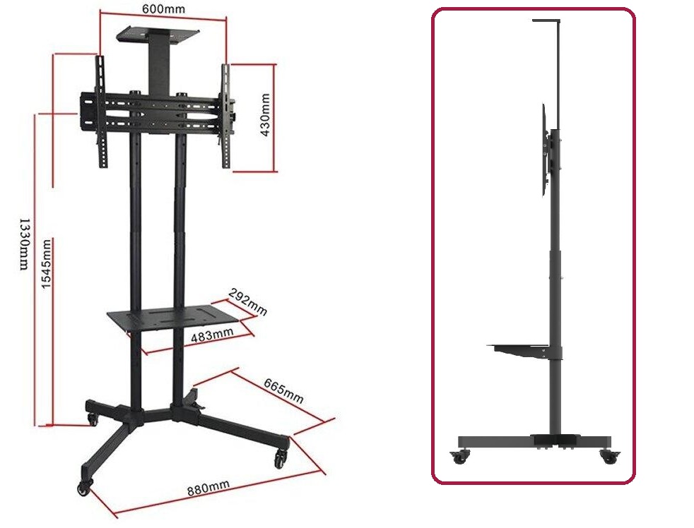 Mobile TV Trolley Tilt, Vertical Adjustment Stand Cart With Wheels And Shelves.