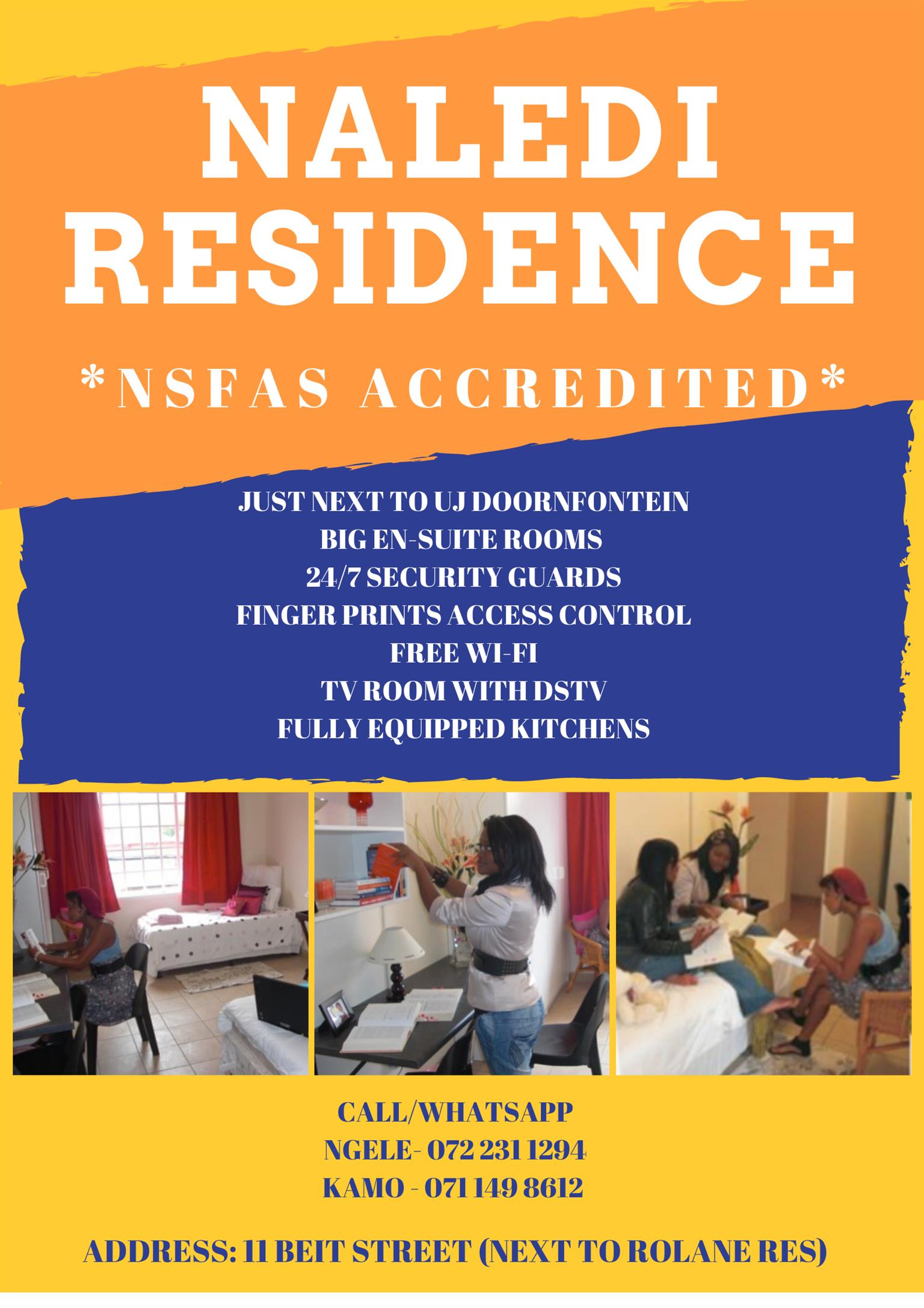 NSFAS ACCREDITED - NALEDI RESIDENCE (NEXT TO UJ DOORNFORNTEIN) - NSFAS ACCREDITE