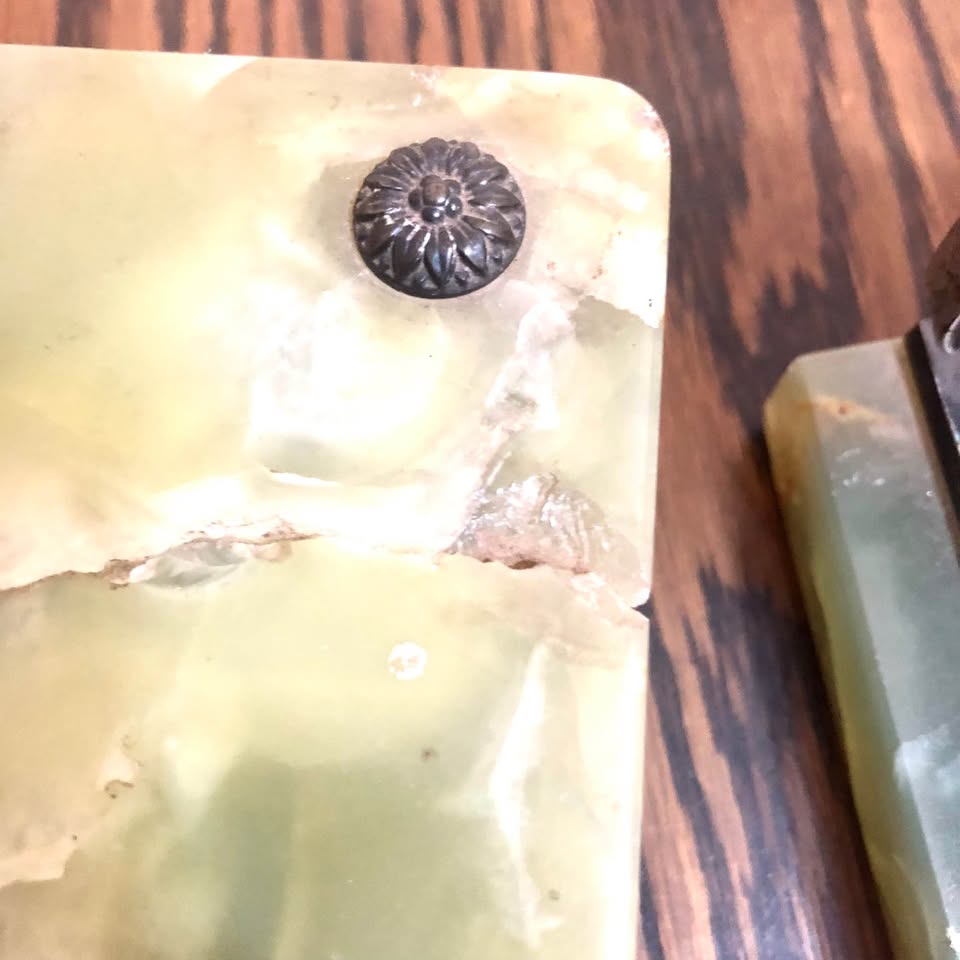 Antique Austrian Bronze & Green Onyx Book-Shaped Box & matching Bird book end, col-in Florida Glen