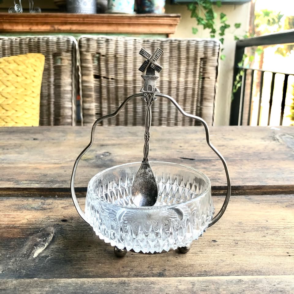 For Sale: Elegant Glass Sugar Bowl with Silver-Plated Frame & Charming Windmill Spoon