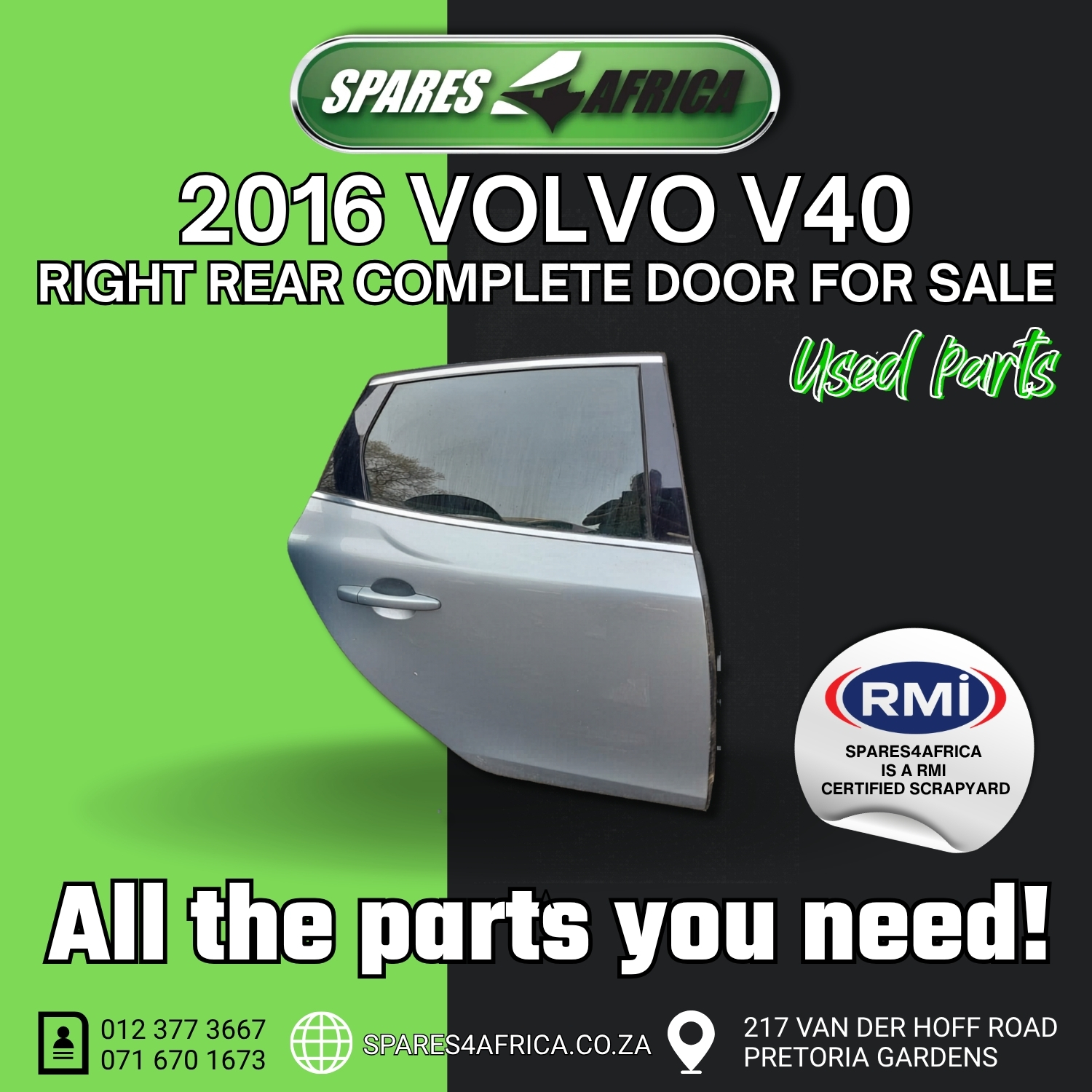 2016 VOLVO V40 RIGHT REAR COMPLETE DOOR – USED - Private Seller 2016 VOLVO V40 RIGHT REAR COMPLETE DOOR – USED - Private Seller