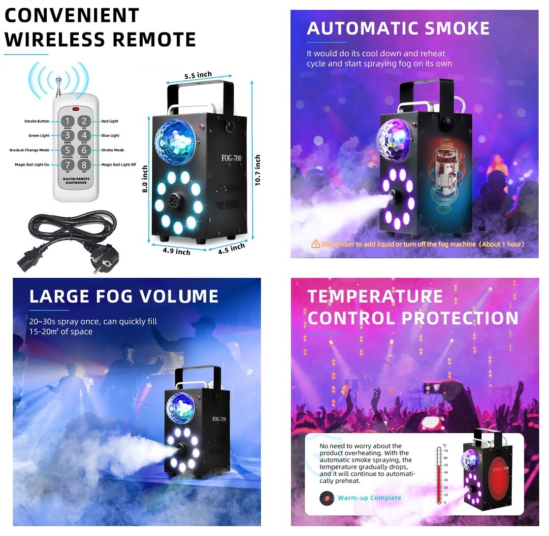Professional Smoke Fog Machine with MultiColour RGB LEDs, Rotating Light Ball.