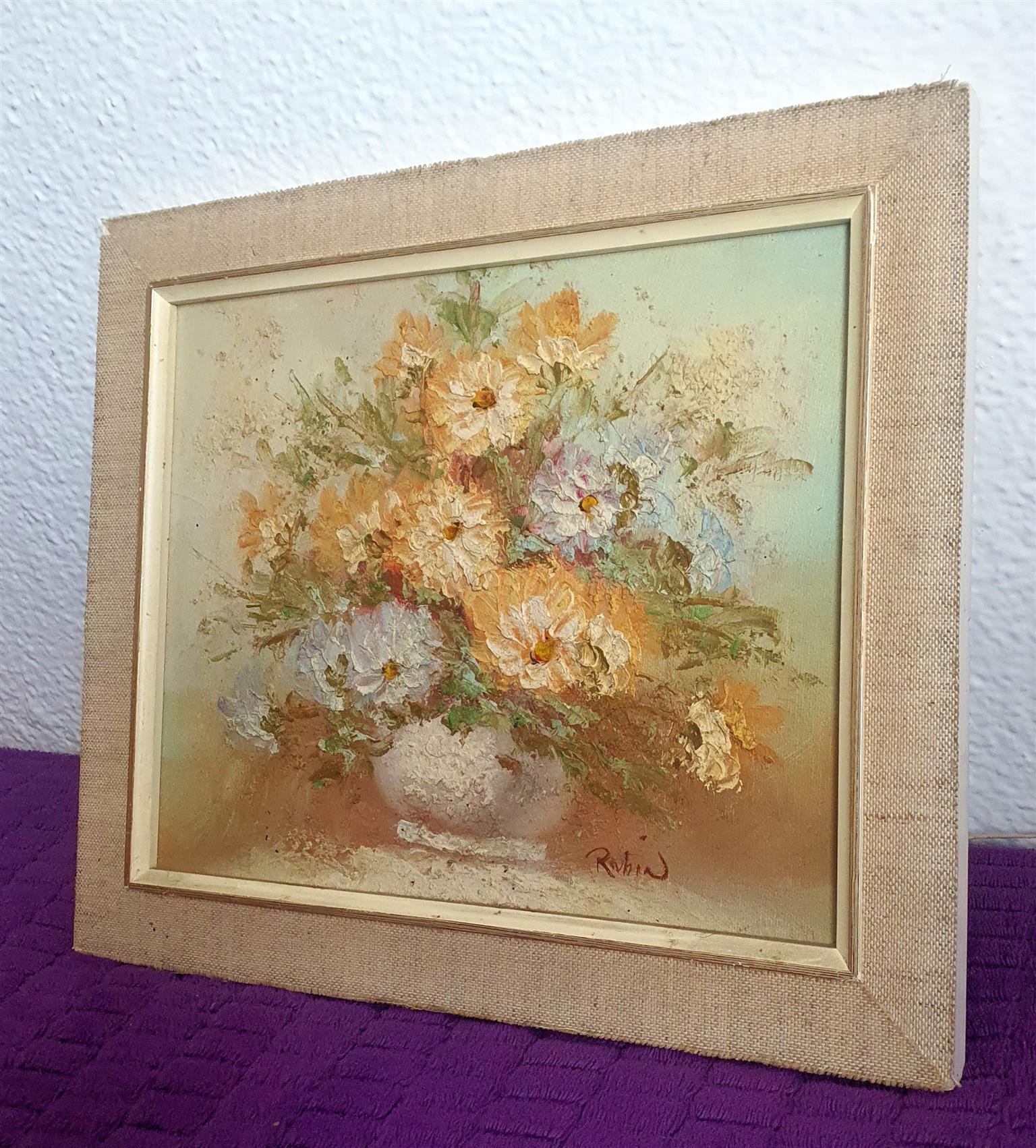 Floral acrylic oil painting framed and signed by artist ROBIN