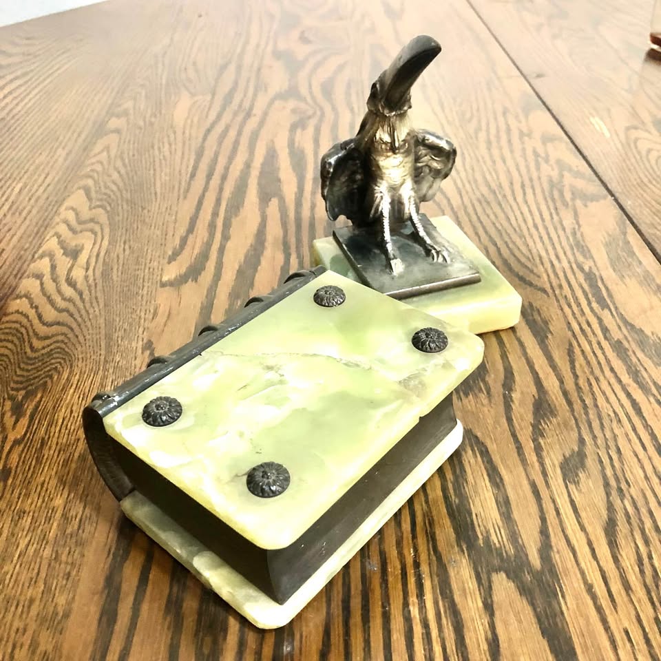 Antique Austrian Bronze & Green Onyx Book-Shaped Box & matching Bird book end, col-in Florida Glen