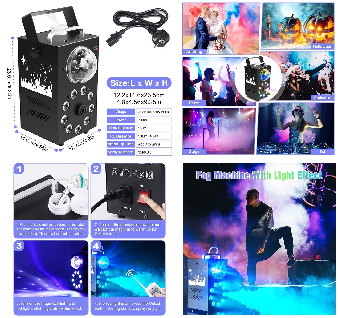 Professional Smoke Fog Machine with MultiColour RGB LEDs, Rotating Light Ball.