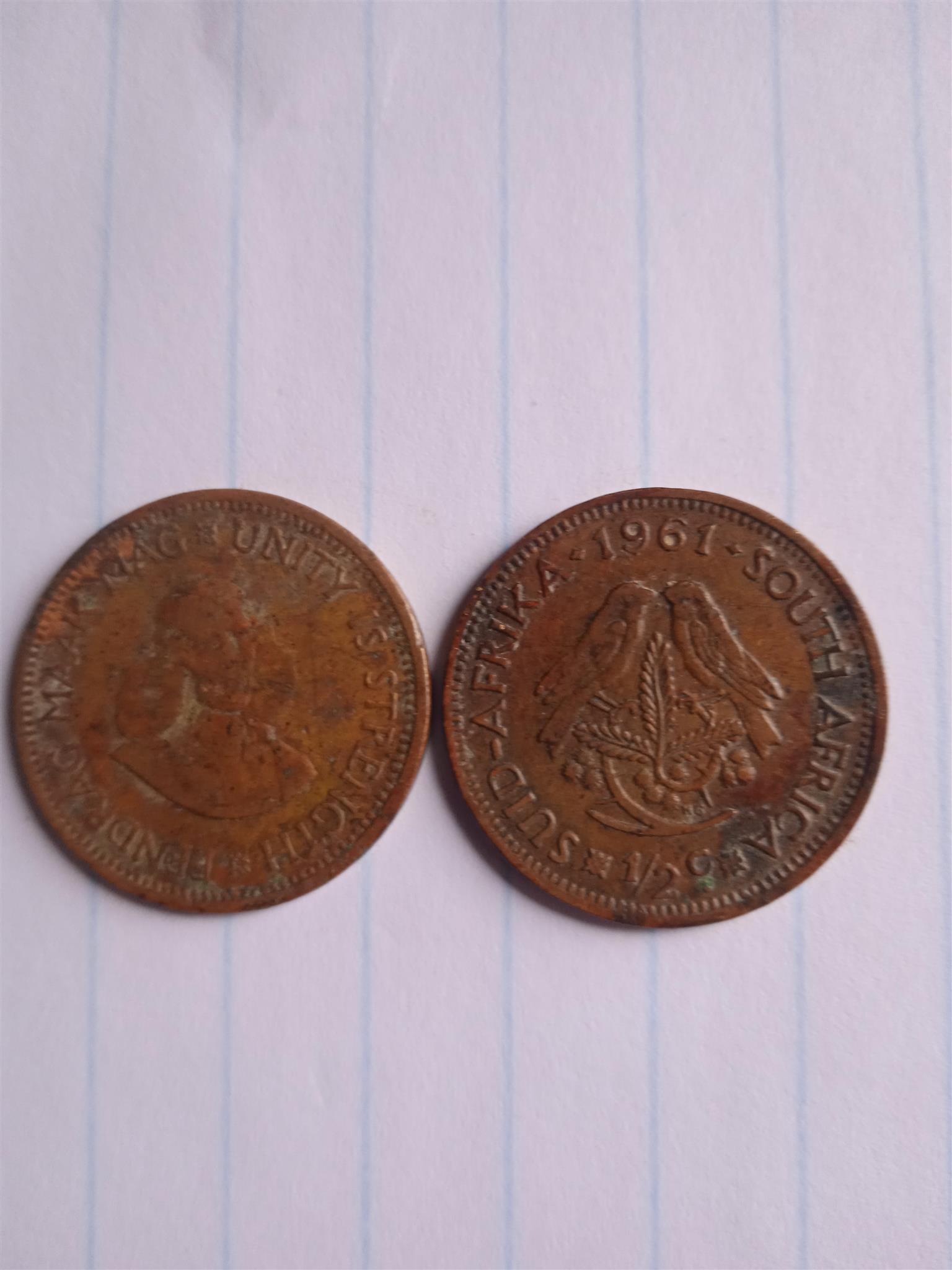 1961 South African half cents inscribed in both english & afrikaans inscribed