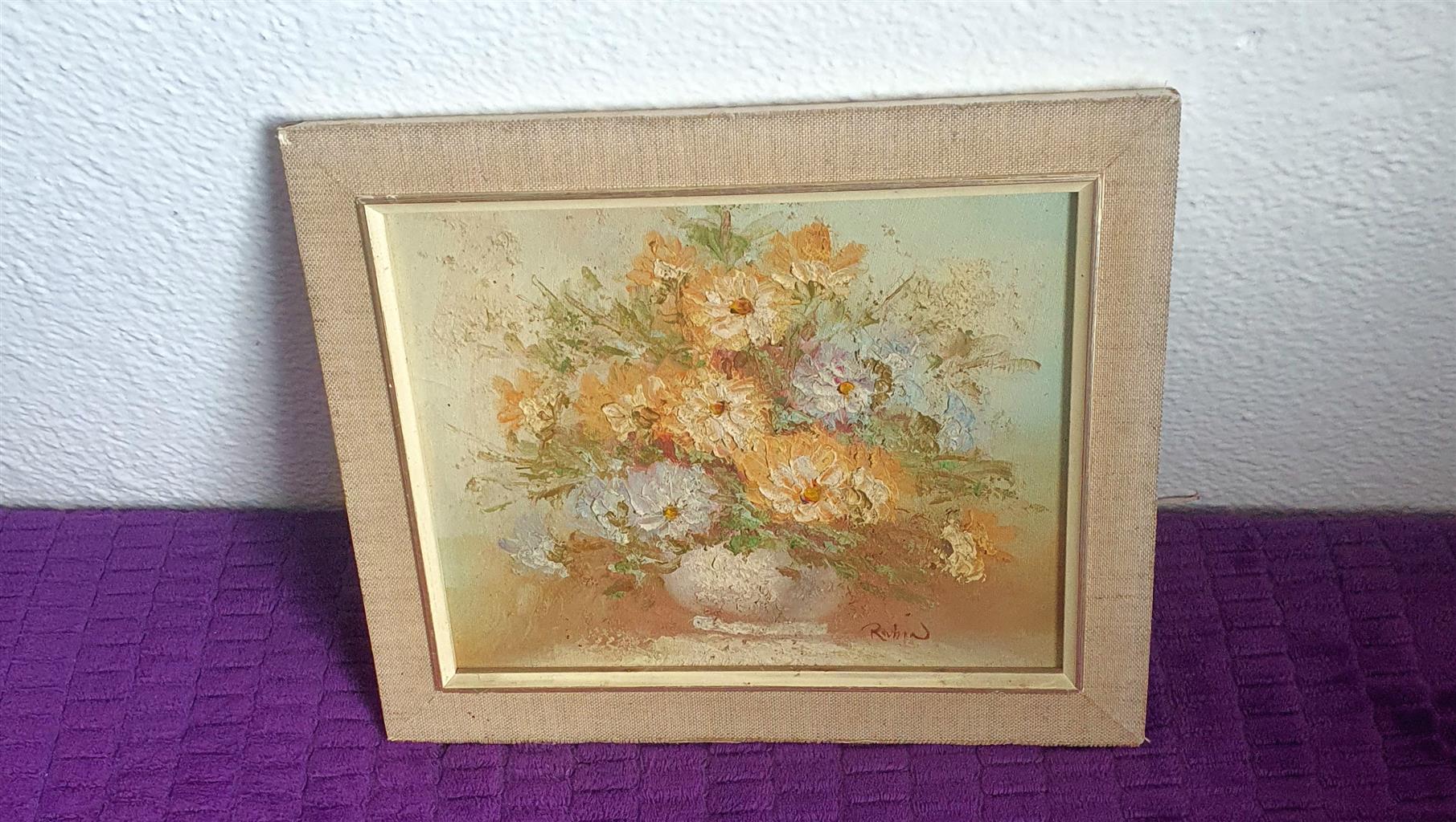 Floral acrylic oil painting framed and signed by artist ROBIN
