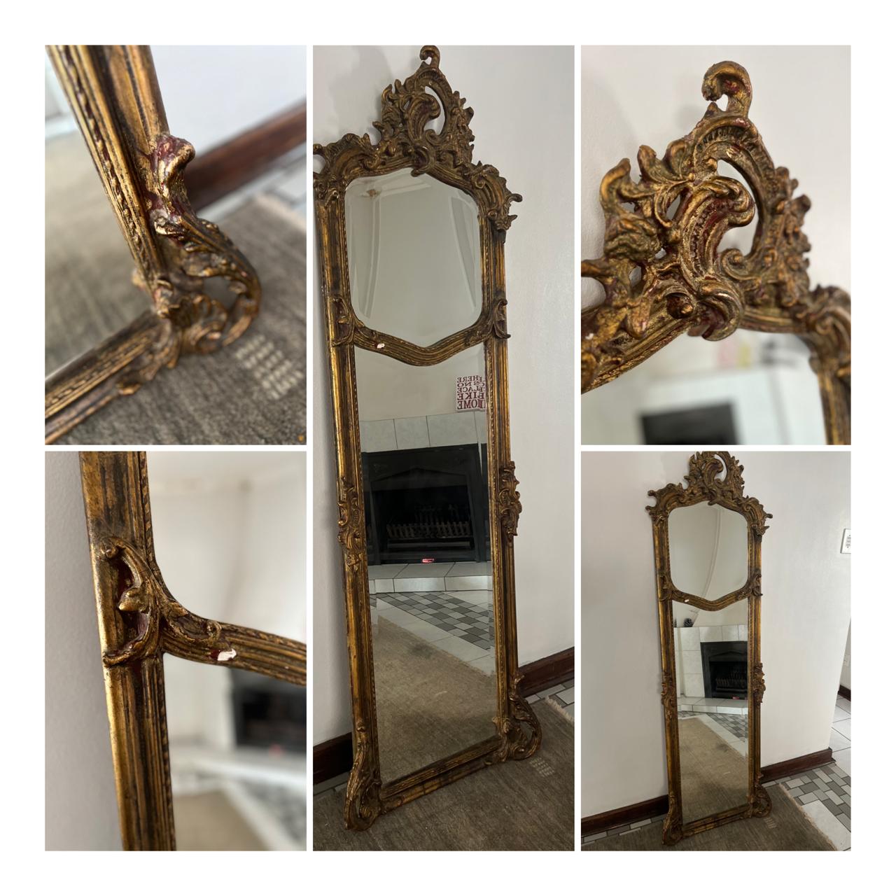 Vintage French ornately gilded frame and bevelled mirror 1.78m x 48cm.