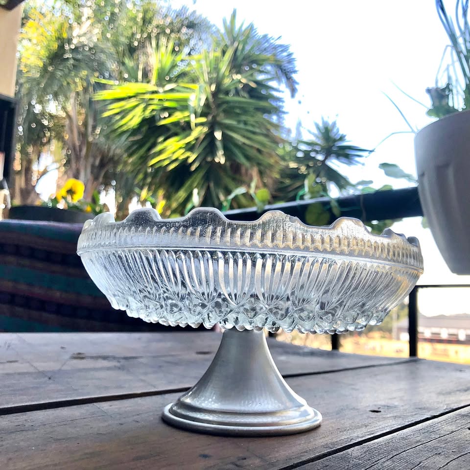 Medium Vintage Mid-Century West German Pressed Glass Footed (Silver Plated) Bowl