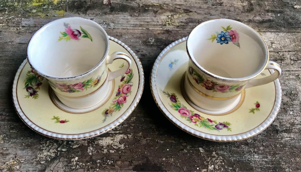 SIMPSONS POTTERY ENG AMBASSADOR WARE DEMI CUPS & SAUCERS HAMPTON COURT - 1 cup has chip as per pic