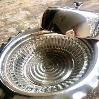 Antique Silver Plated Butter Dish with scalloped edge with a glass inner