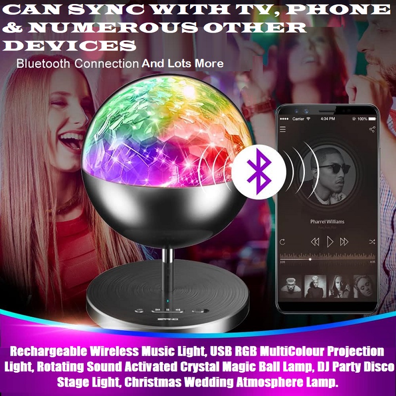 Rechargeable MultiColour LED Wireless Speaker Music Rotating Crystal Magic Ball
