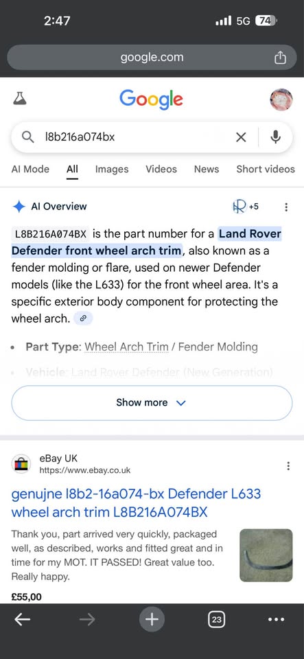 Land Rover defender L633 right front fender wheel arch - Private Seller Land Rover defender L633 right front fender wheel arch - Private Seller