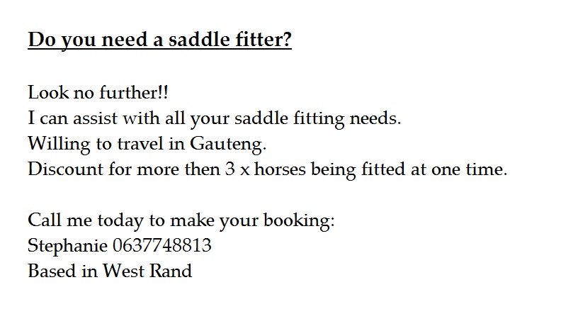 Certified saddle fitter available in Gauteng 