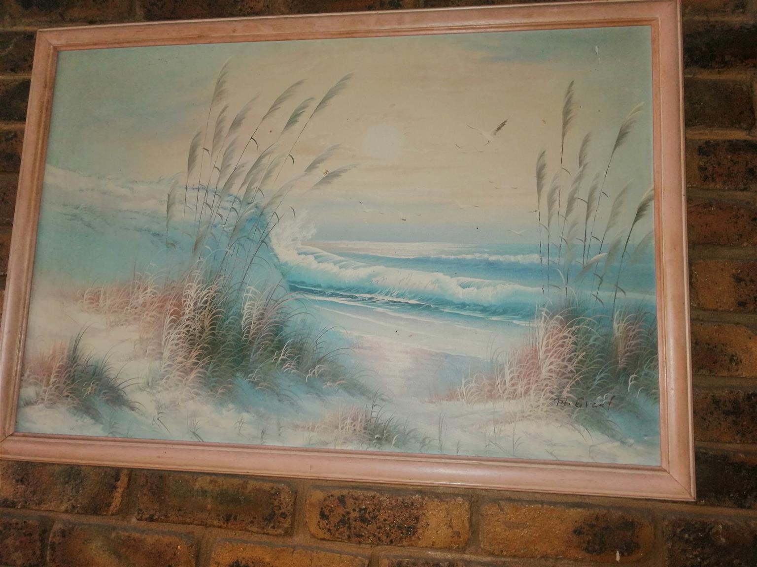 Pastel seaside oil painting 63cm by 97 cm framed artist M. GRANT R1000 NEG