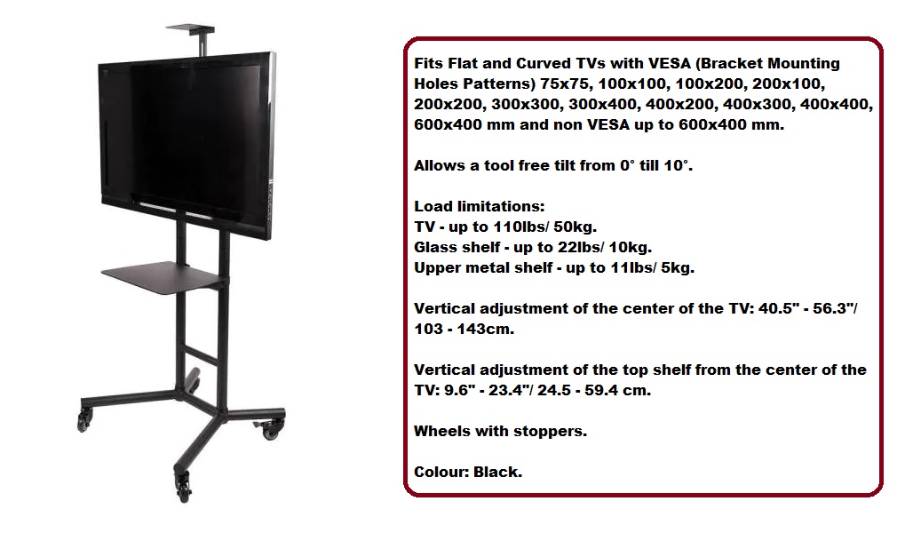 Mobile TV Trolley Tilt, Vertical Adjustment Stand Cart With Wheels And Shelves.