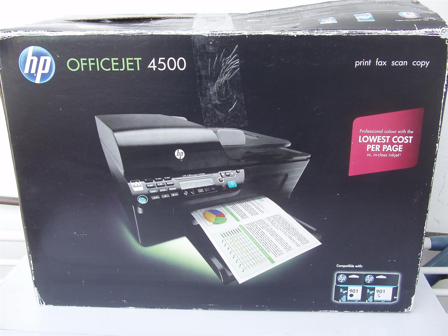 HP 4500 Office jet Printer - needs cartridges - in original box with manuals  and cables