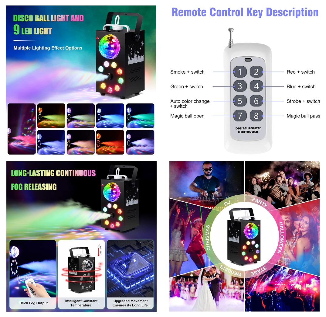 Professional Smoke Fog Machine with MultiColour RGB LEDs, Rotating Light Ball.
