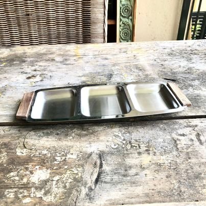Vintage Triple Tray Serving - Burnco with wooden handles