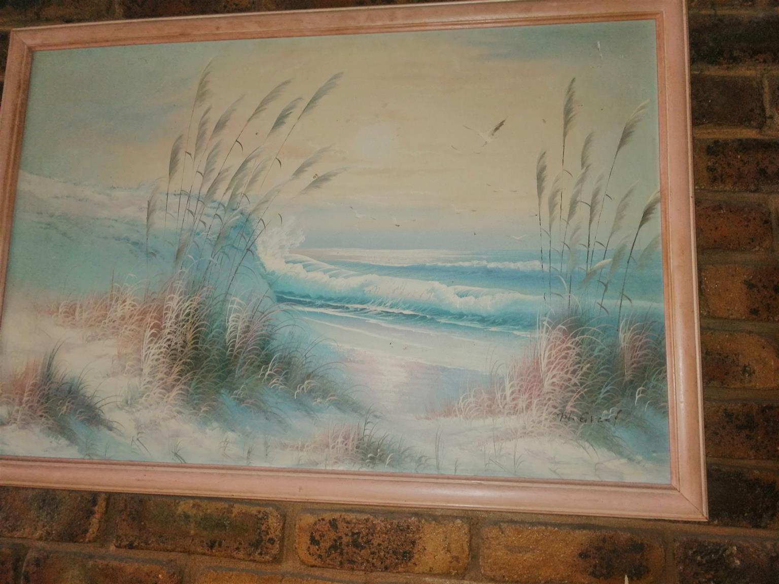 Pastel seaside oil painting 63cm by 97 cm framed artist M. GRANT R1000 NEG