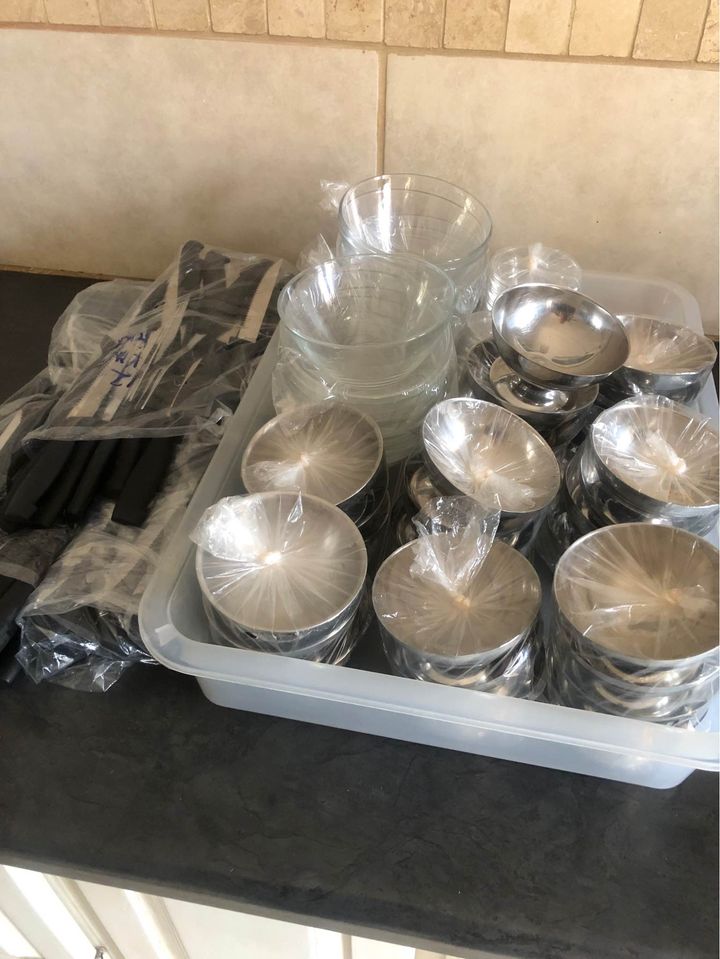 30 Stainless Steel Dessert Bowls + 60 Sets of Steak knives & forks.