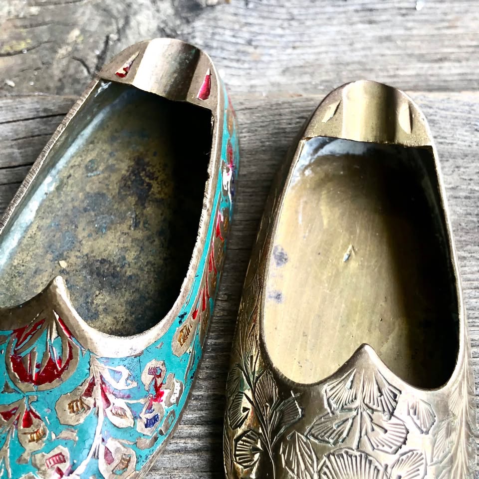 2x Vintage Indian Brass Shoe Ashtrays