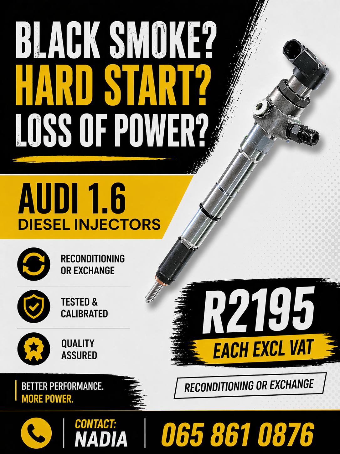 NATIONWIDE NEW AND RECONDITIONED DIESEL INJECTORS FOR SALE FOR AUDI 1.6 - Private Seller NATIONWIDE NEW AND RECONDITIONED DIESEL INJECTORS FOR SALE FOR AUDI 1.6 - Private Seller