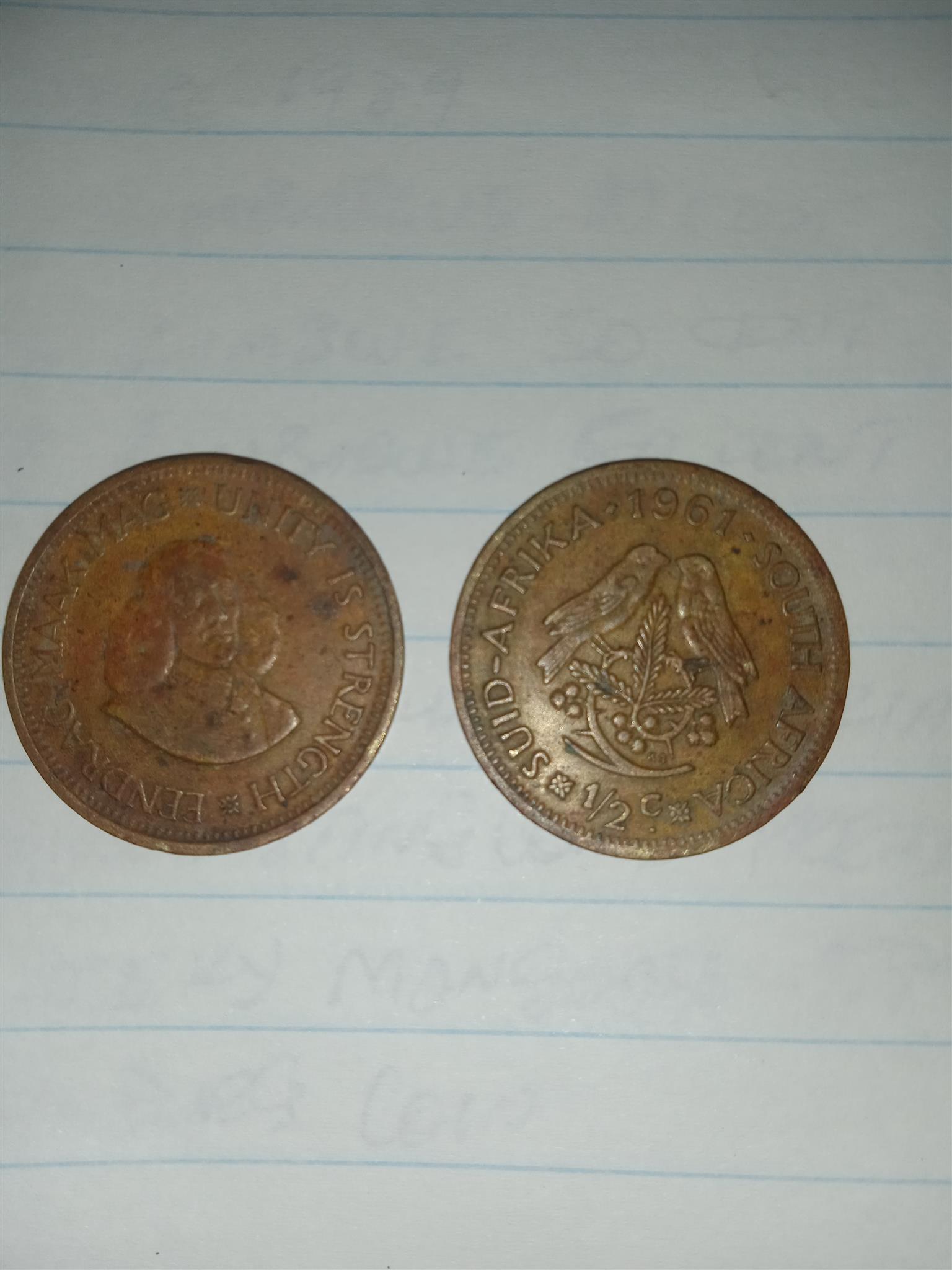 1961 South African half cents inscribed in both english & afrikaans inscribed 1961 South African half cents inscribed in both english & afrikaans inscribed