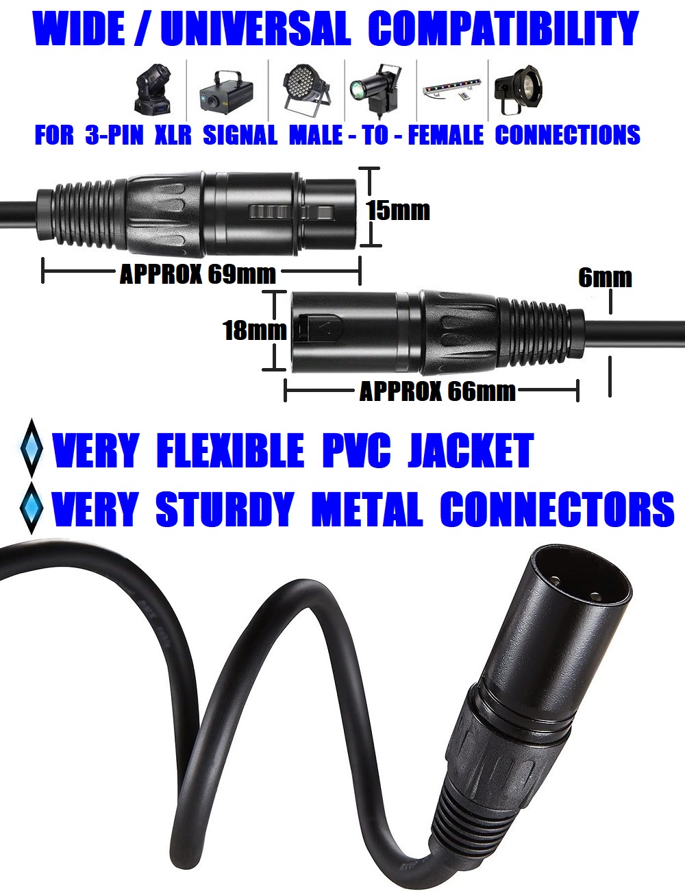 DMX512 Cable 3Pin 10m XLR Male to Female for Audio, Sound, Visual Equipment. NEW