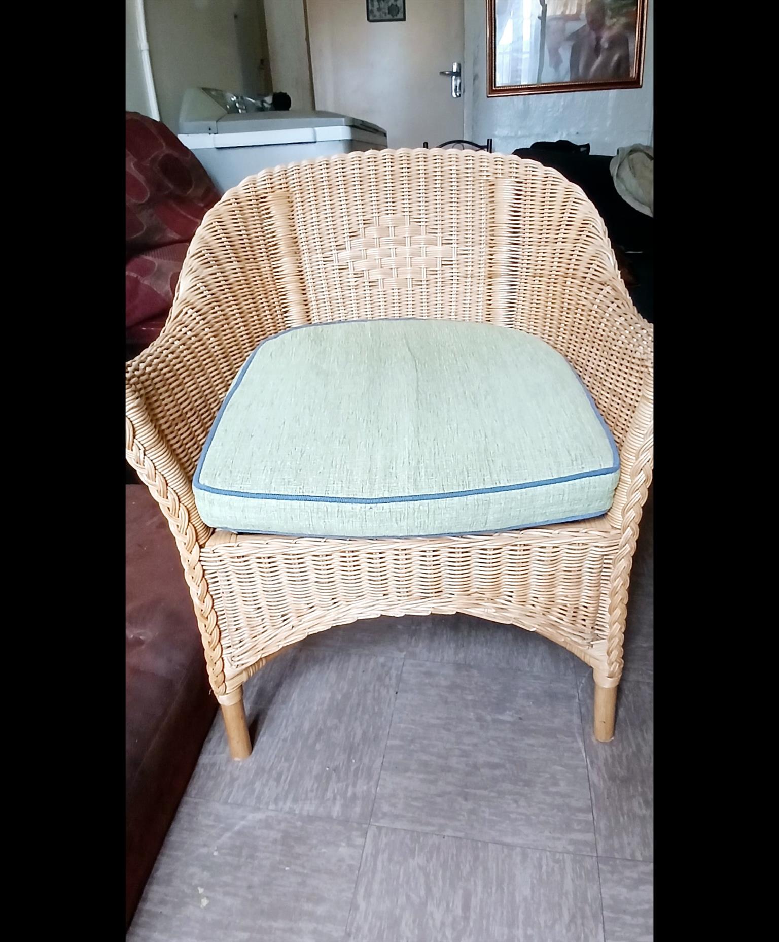 Vintage Cane wood double barrow chairs and glass top coffee table Vintage Cane wood double barrow chairs and glass top coffee table