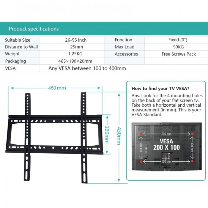 TV Wall Mount Bracket, Flat Panel TV Wall Mount Bracket 26inch to 55inch. Brand New Products.