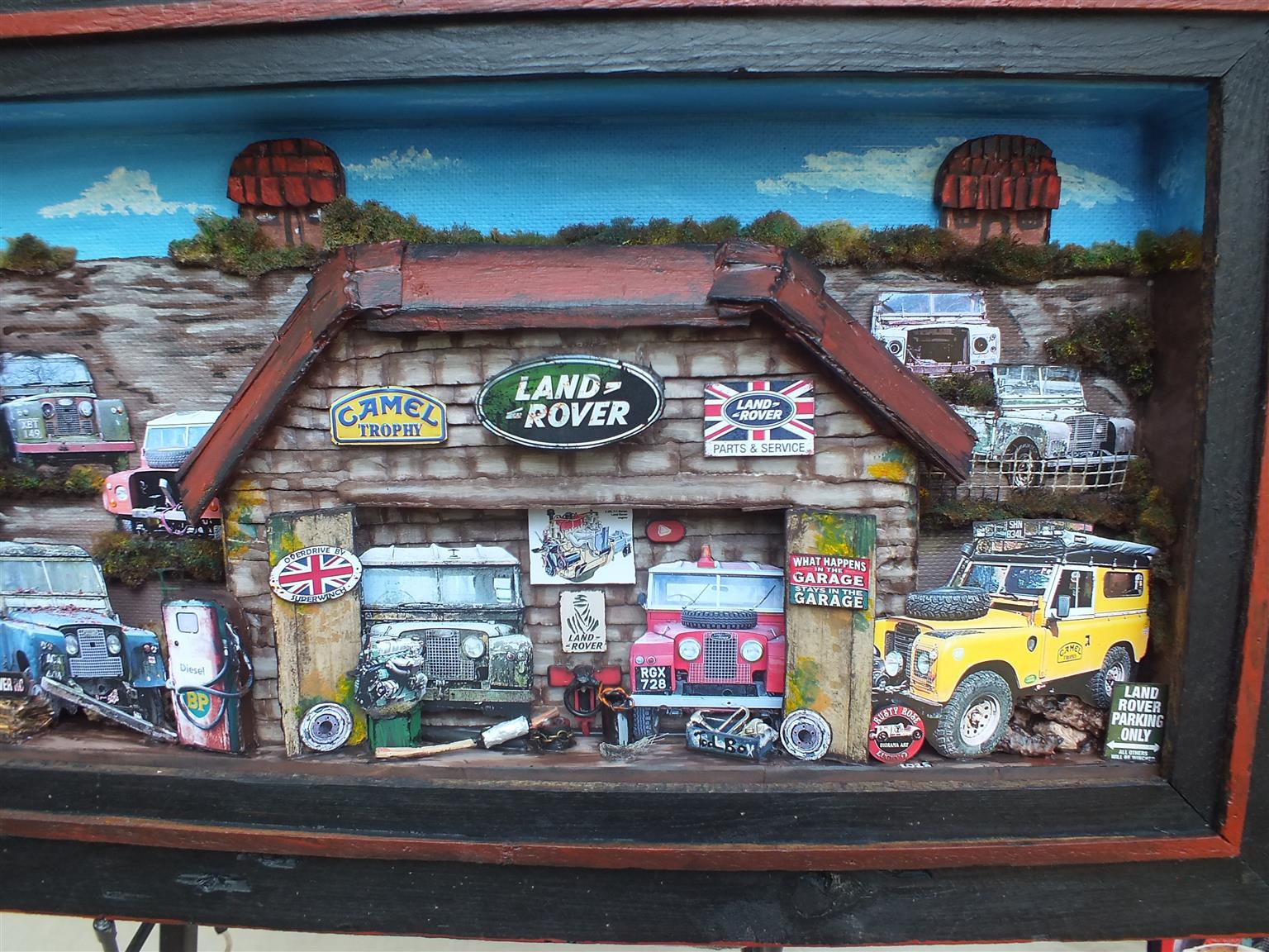 Vintage Land Rover Garage 3 D Diorama Art for Sale