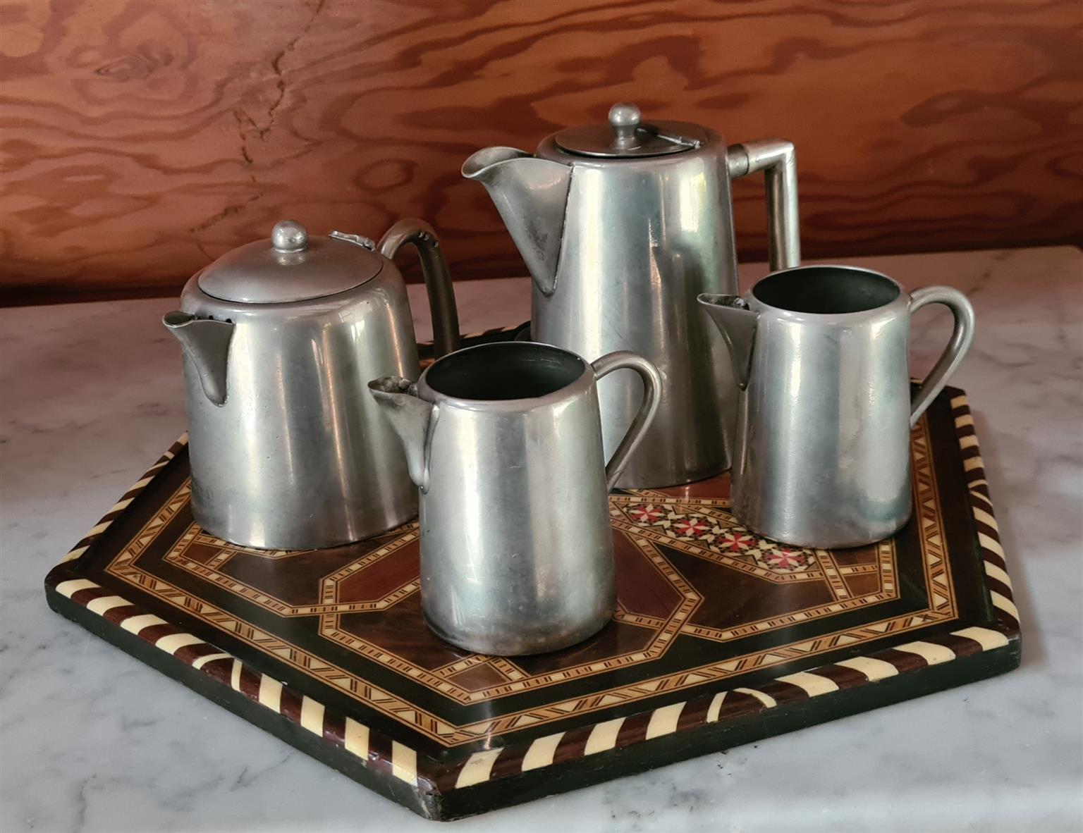 Old Silver Coffee and Tea Pots with 2 milk jugs Old Silver Coffee and Tea Pots with 2 milk jugs