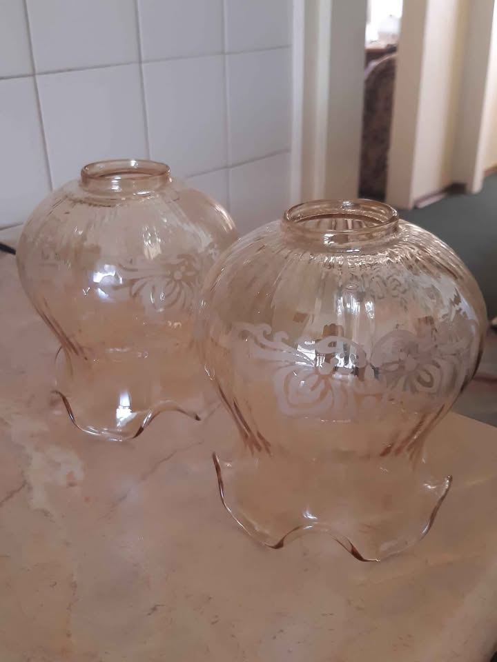 2 x Small amber glass with acid etched flower light shade retro vintage kitch France mid century