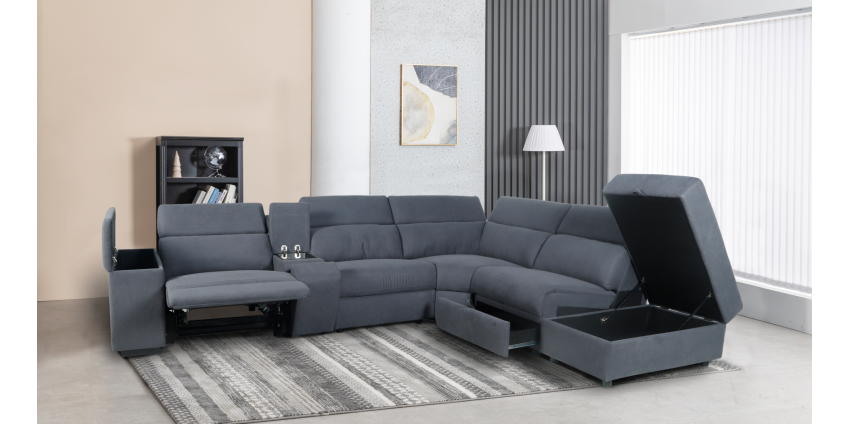 Nile 6 Piece Corner Lounge Suite in Fabric, Dark Grey