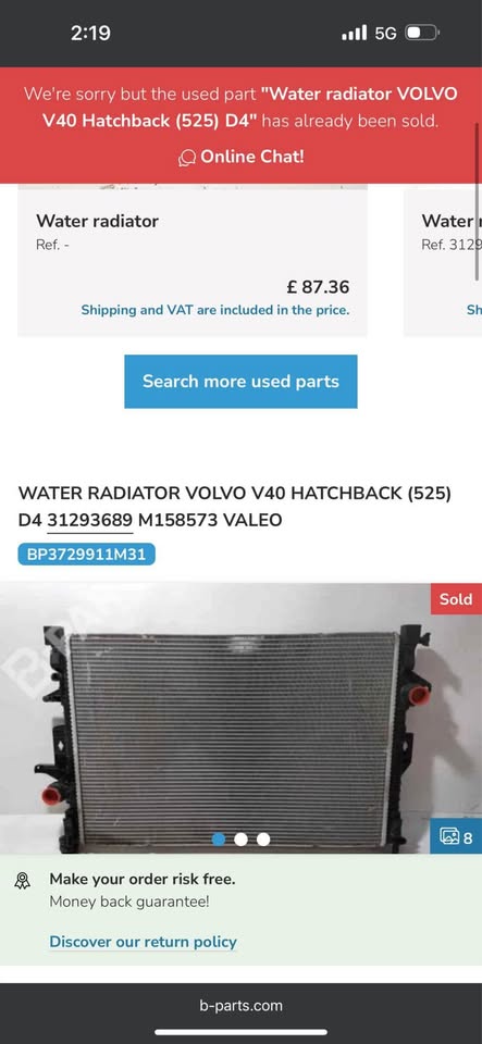 WATER RADIATOR VOLVO V40 HATCHBACK (525) D M158573 - Private Seller WATER RADIATOR VOLVO V40 HATCHBACK (525) D M158573 - Private Seller