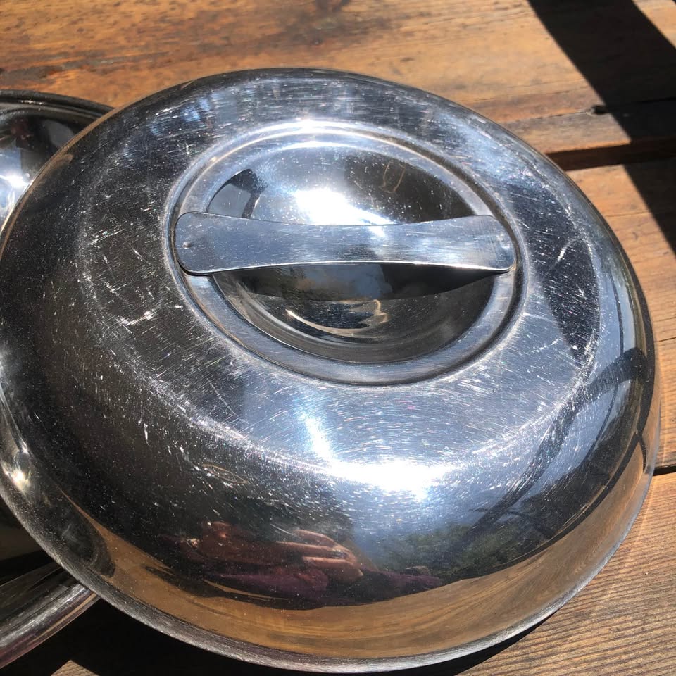 Vintage Stainless Steel Serving Dish with 3-Division Divider and Lid