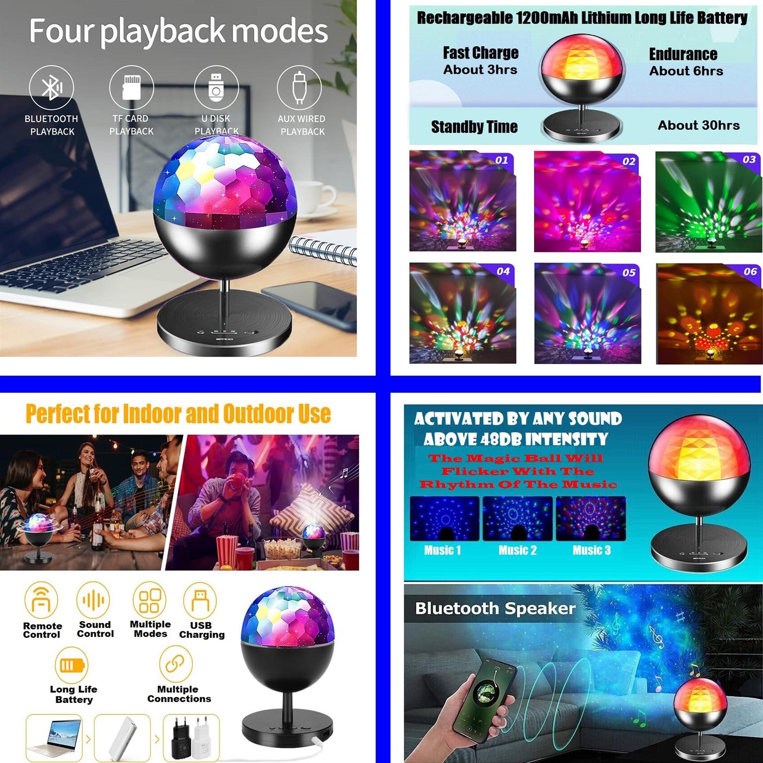 Rechargeable MultiColour LED Wireless Speaker Music Rotating Crystal Magic Ball