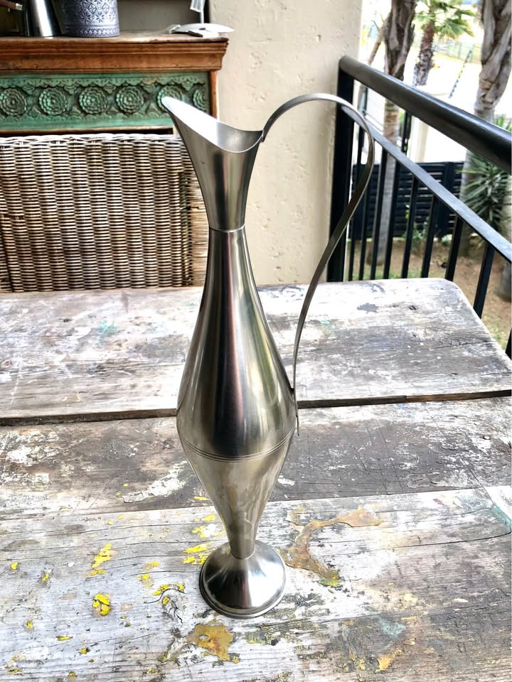 Retro 1950/60 Beautiful Tall brushed stainless steel vase or oil decanter. Very unique indeed
