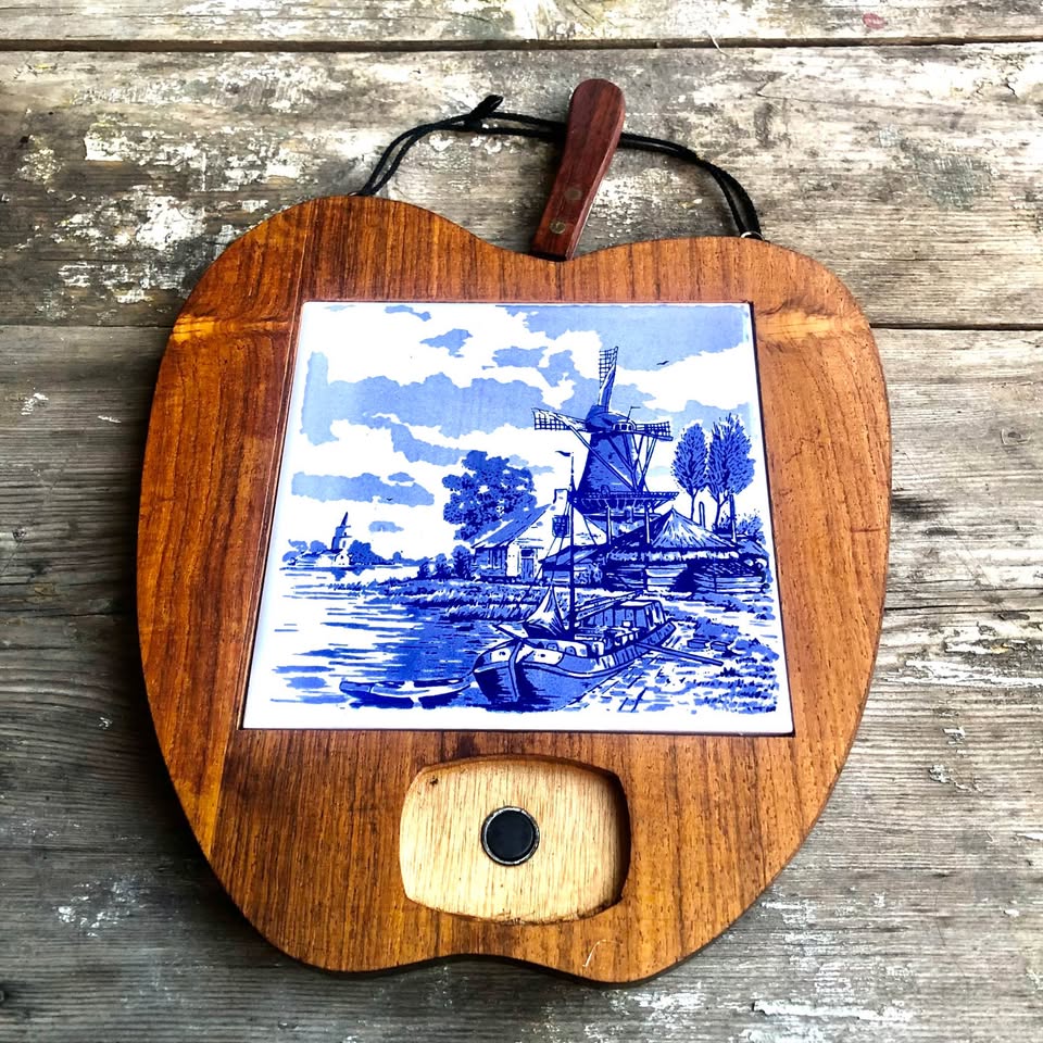 Vintage Delft Blue and White Windmill Tile Cheese Cutting Board With Knife
