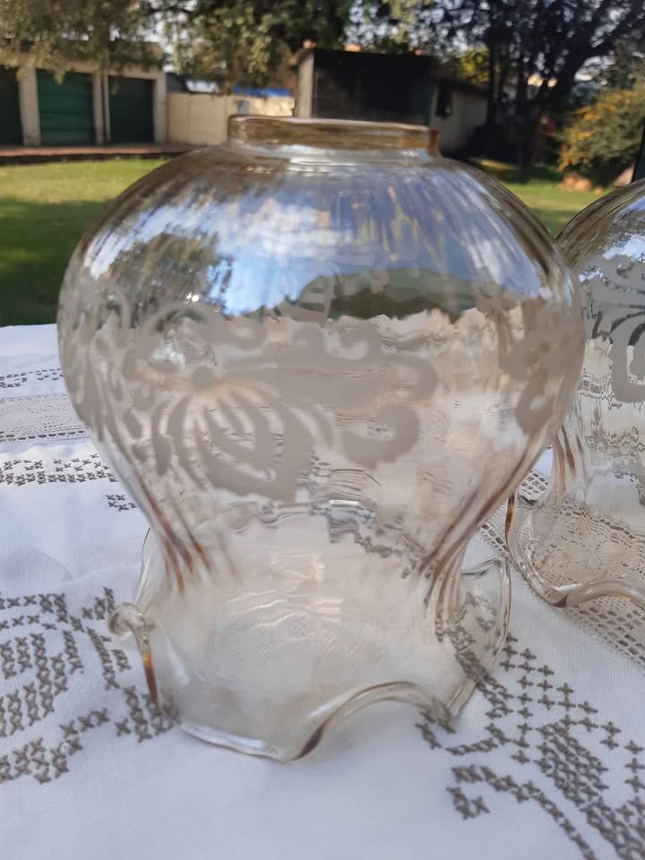 2 x Small amber glass with acid  etched flower  light shade retro vintage kitch France mid century