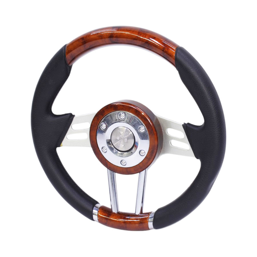 JJ-Racing Steering Wheel – Chrome & Woodgrain with Black Vinyl Leather Finish