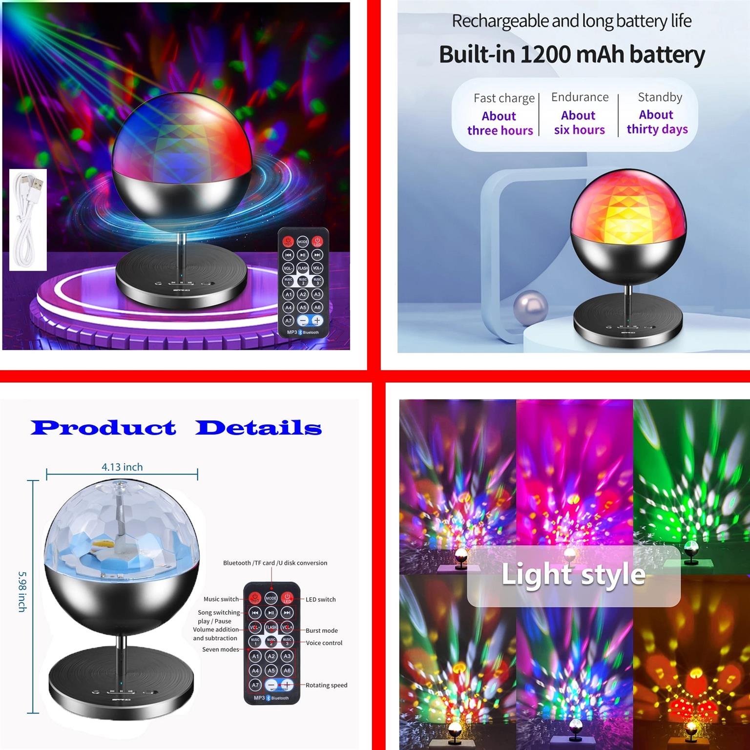 Rechargeable MultiColour LED Wireless Speaker Music Rotating Crystal Magic Ball