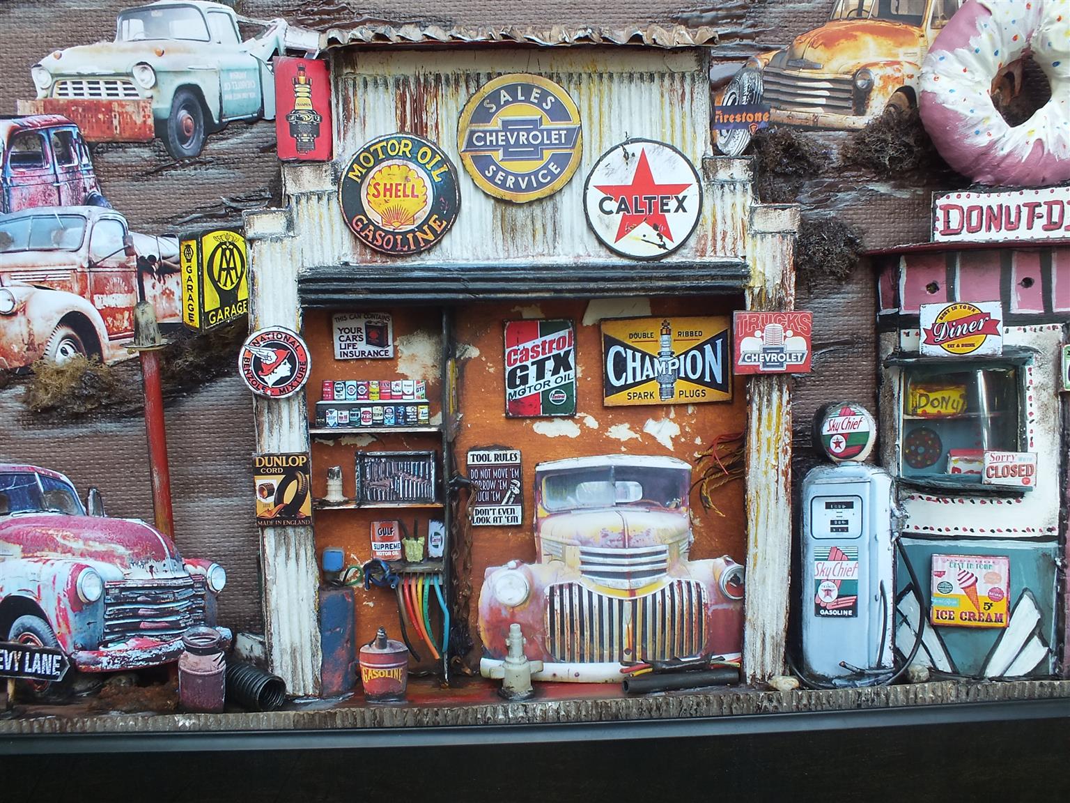 Vintage Chevrolet Garage 3 D Diorama Art for Sale