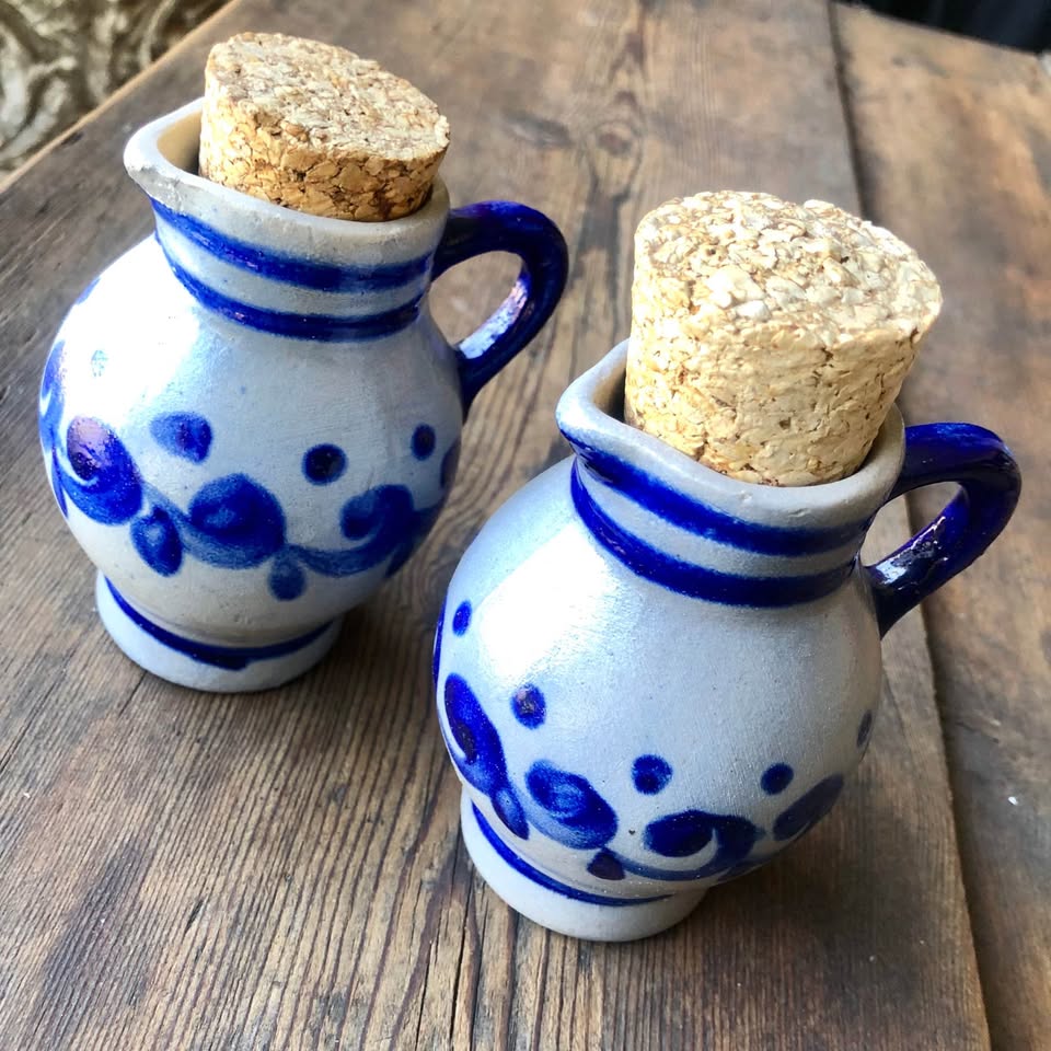 Discover Vintage 1950s German Hand-Painted Cobalt Blue Pottery Pitchers for oil and vinegar