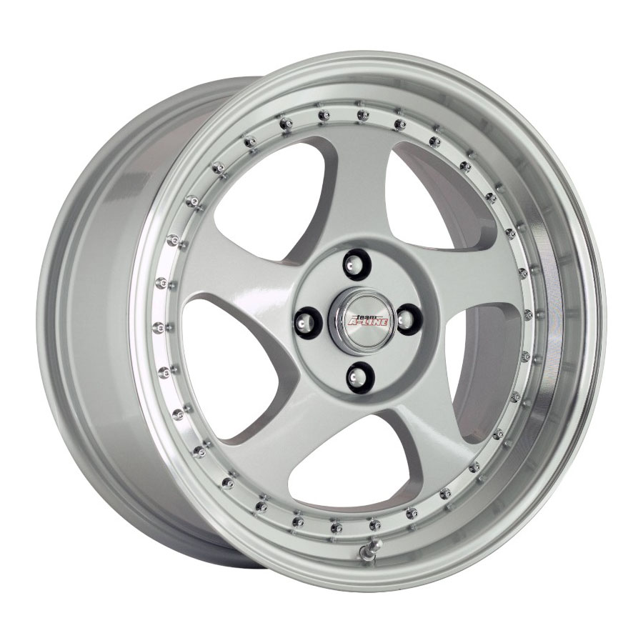 17″ A-Line Jedi 4/100 Super Silver Machine Lip Alloy Wheels with Chrome Rivets